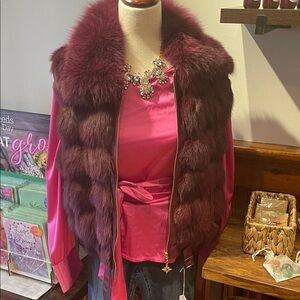 St. John Collection Wine Faux Fur Vest with Plush Collar